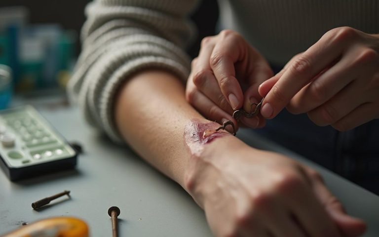 Personne nettoyant une plaie après une blessure avec un clou rouillé.