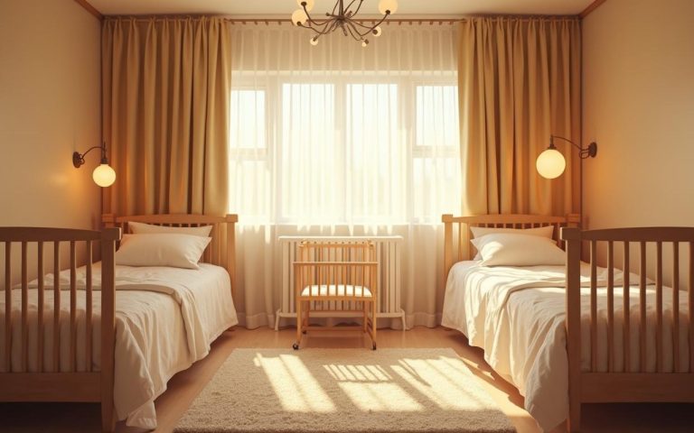 Chambre double en maternité avec lits et berceaux, ambiance chaleureuse.