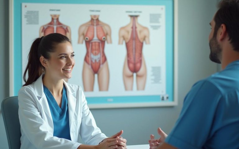 Consultation chirurgicale pour abdominal etching avec illustrations des muscles abdominaux.