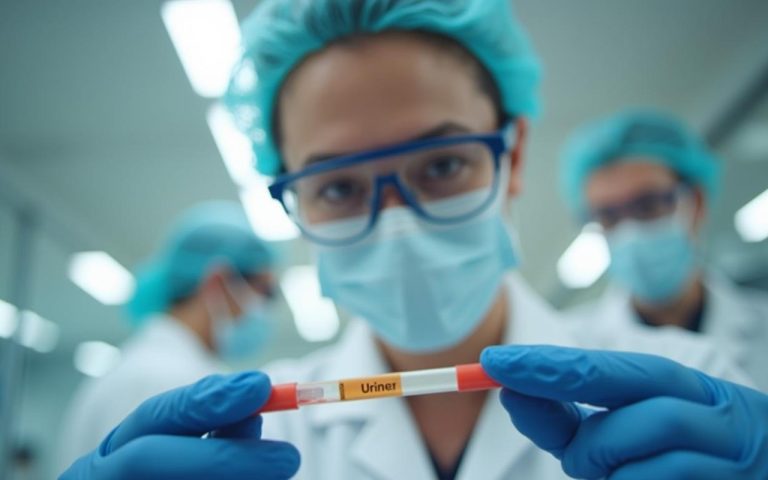 Professionnel de santé analysant un échantillon d'urine dans un laboratoire.