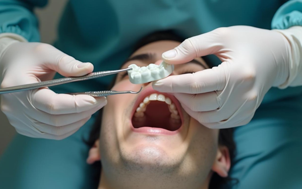 Un dentiste posant une couronne dentaire jumelée sur un patient, illustrant la technologie dentaire moderne.