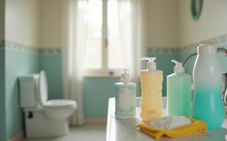 Scène de salle de bain avec des produits de soin pour bébé, illustrant l'inquiétude parentale.