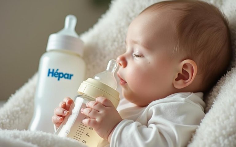 Nourrisson de 1 mois avec un biberon et une bouteille d'eau Hépar, illustrant l'hydratation.