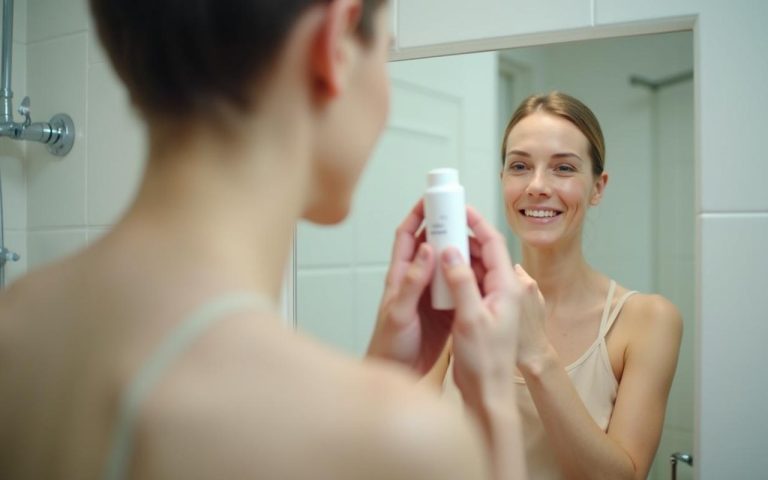 Application d'un anti-transpirant pour gérer l'hyperhidrose dans une salle de bain moderne.