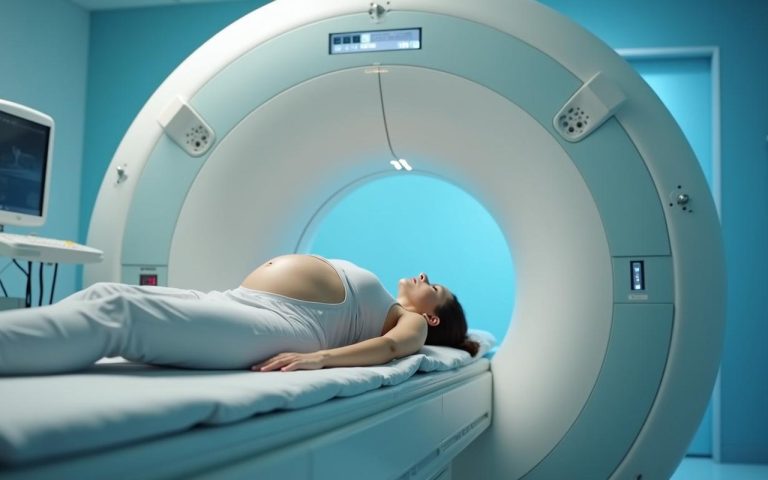 Femme enceinte subissant une IRM dans un cadre médical rassurant.