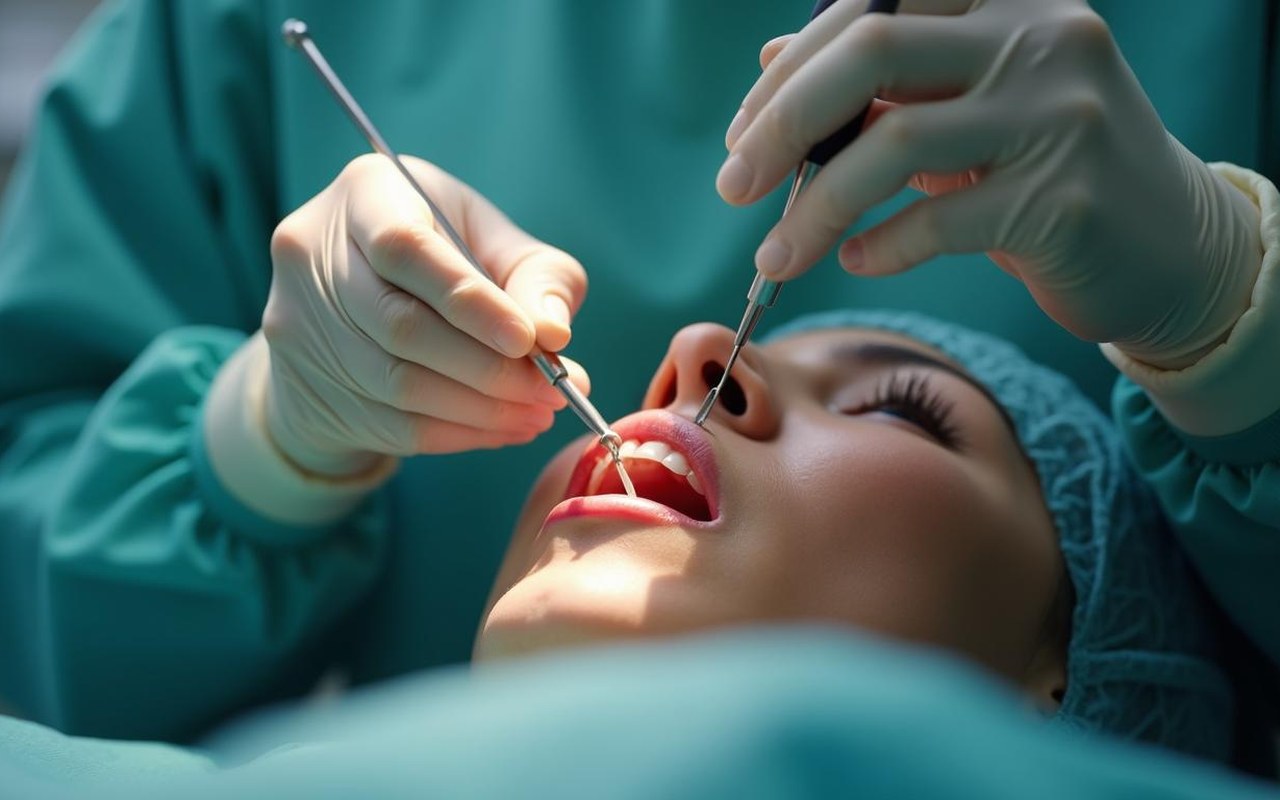 Un professionnel de santé posant des points de suture sur une lèvre dans un cadre médical.
