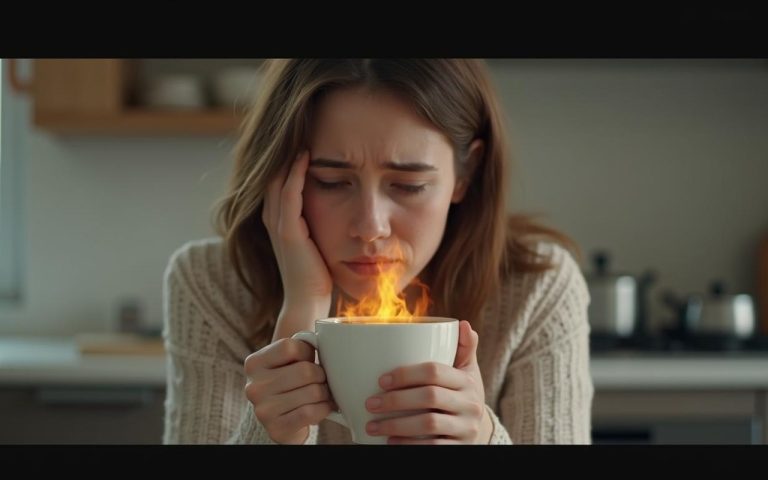 Personne ressentant une douleur au palais après avoir bu un café chaud.
