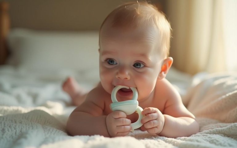 Bébé apaisé avec un anneau de dentition réfrigéré dans une chambre douce.