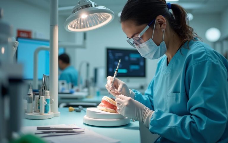 Prothésiste dentaire en laboratoire, créant des prothèses dentaires sur mesure.
