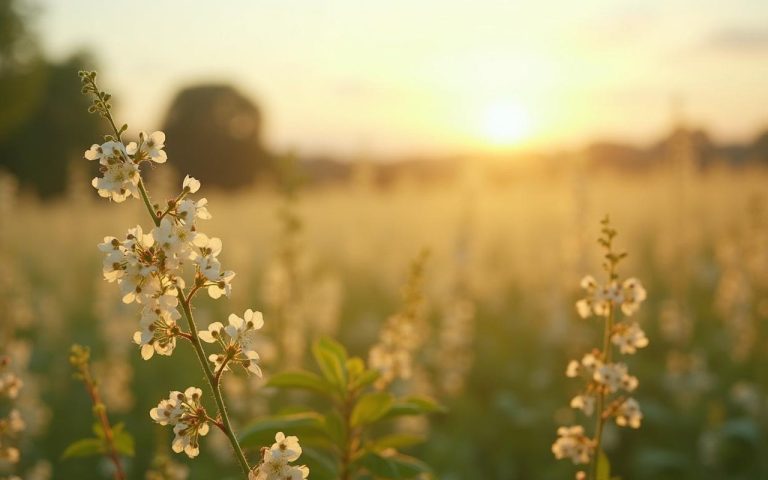 Champ d'aubépines en fleurs, symbole de bien-être et de phytothérapie.