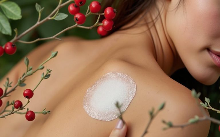 Patch à la berbérine appliqué sur la peau avec des plantes en arrière-plan.