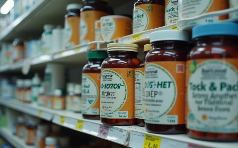 Rayon de pharmacie avec des compléments alimentaires, mettant en avant des étiquettes trompeuses sur la sécurité