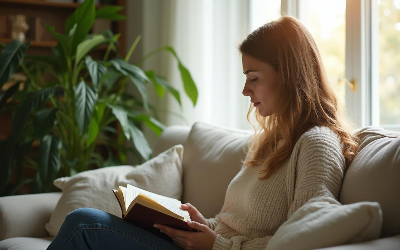 Femme lisant sur un canapé dans un environnement apaisant, symbolisant la gestion du stress.