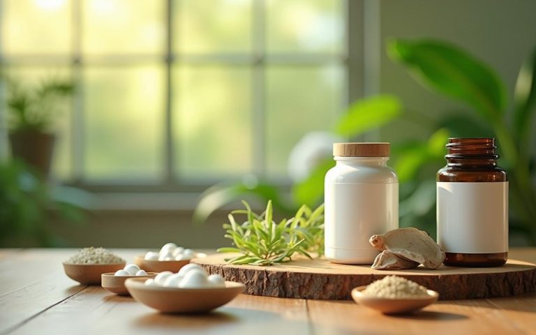 Ingrédients naturels pour le bien-être sur une table en bois, ambiance apaisante.