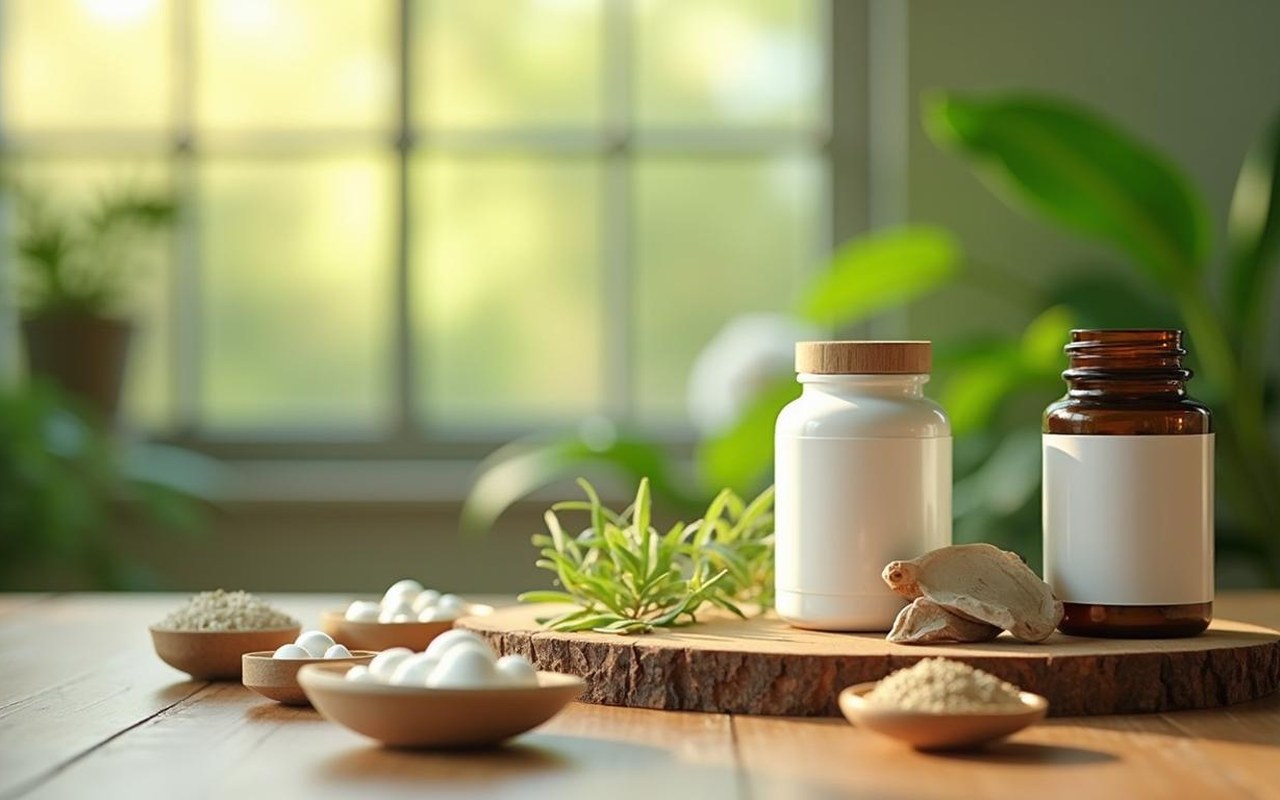 Ingrédients naturels pour le bien-être sur une table en bois, ambiance apaisante.