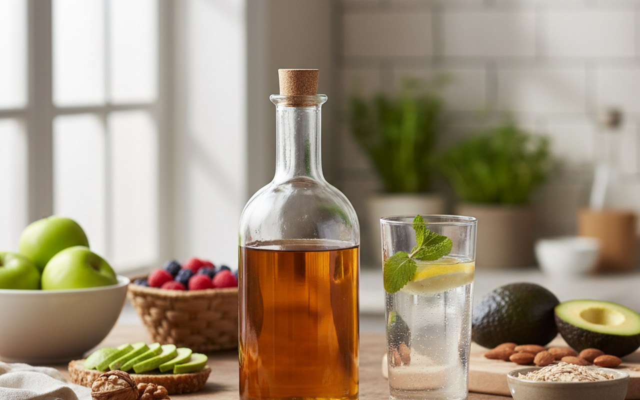 Bouteille de vinaigre de cidre avec des aliments sains et un verre d'eau pour dilution.