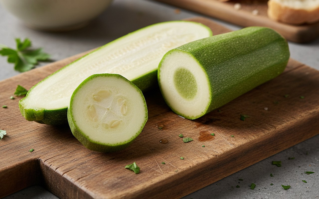 Comparaison entre une courgette amère et comestible sur une planche à découper.