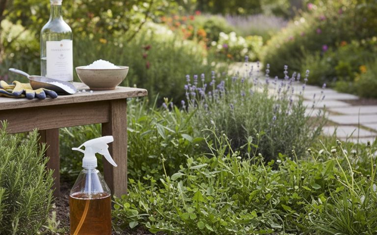 Désherbant naturel à base de vinaigre et sel dans un jardin avec des mauvaises herbes.