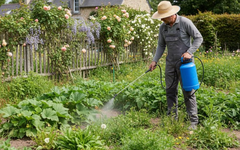 Un jardinier utilise de l'Adblue pour désherber, entouré de plantes saines.