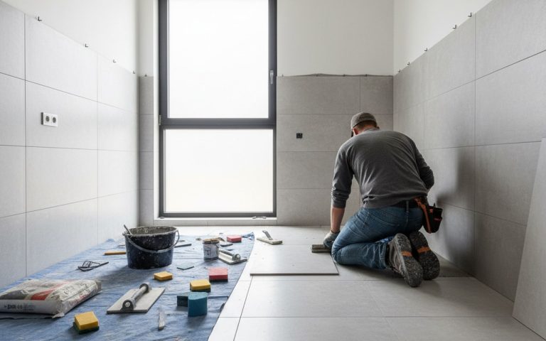 Un bricoleur pose du carrelage dans une salle de bain moderne.