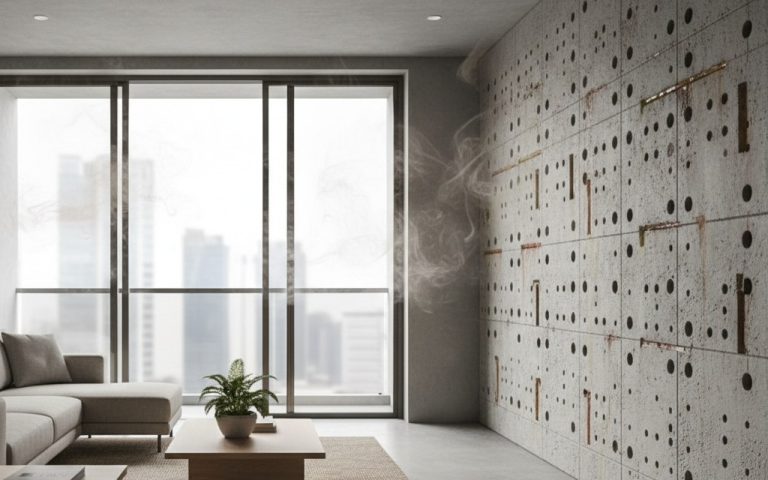 Intérieur d'appartement moderne avec fenêtres ouvertes, illustrant l'infiltration d'odeurs.