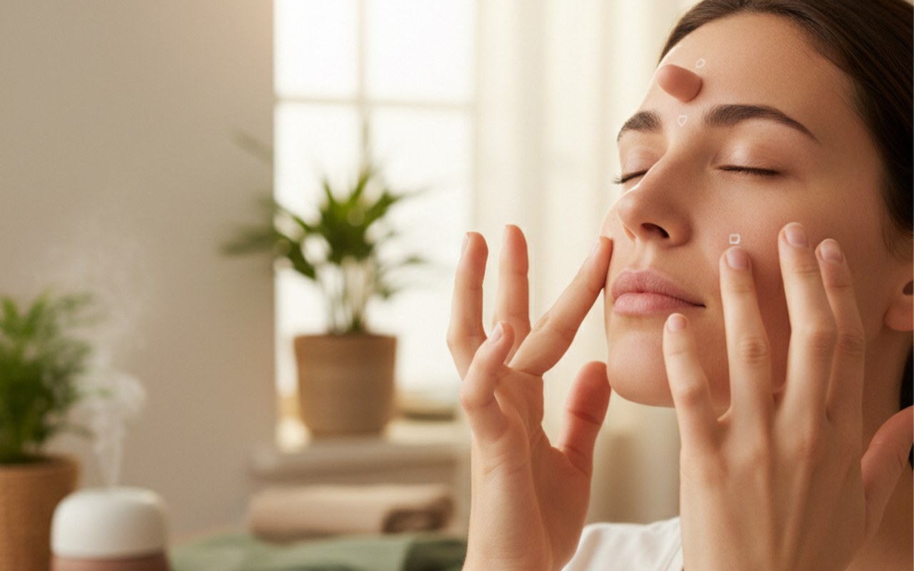 Pratique d'acupression sur le visage pour soulager la congestion sinusale.