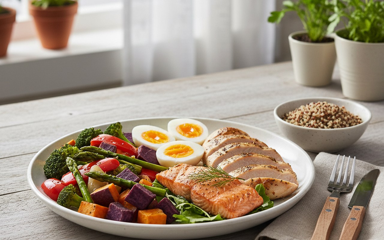 Assiette saine avec œufs durs, légumes et protéines maigres pour un régime équilibré.