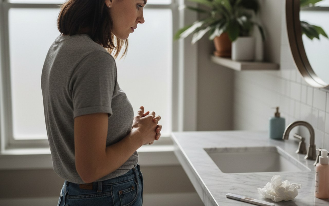 Femme regardant un test de grossesse avec incertitude dans une salle de bain.