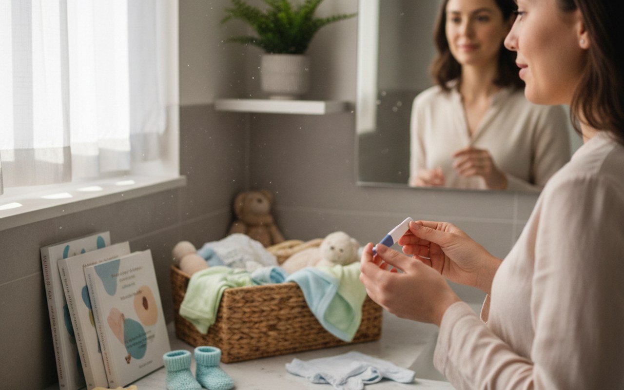 Femme dans une salle de bain, regardant un test de grossesse avec des émotions ambivalentes.