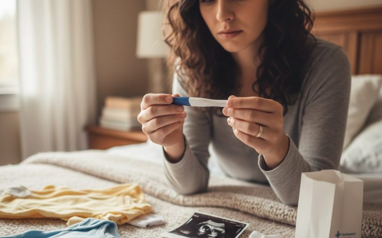 Femme regardant un test de grossesse avec incertitude, symboles de maternité autour.