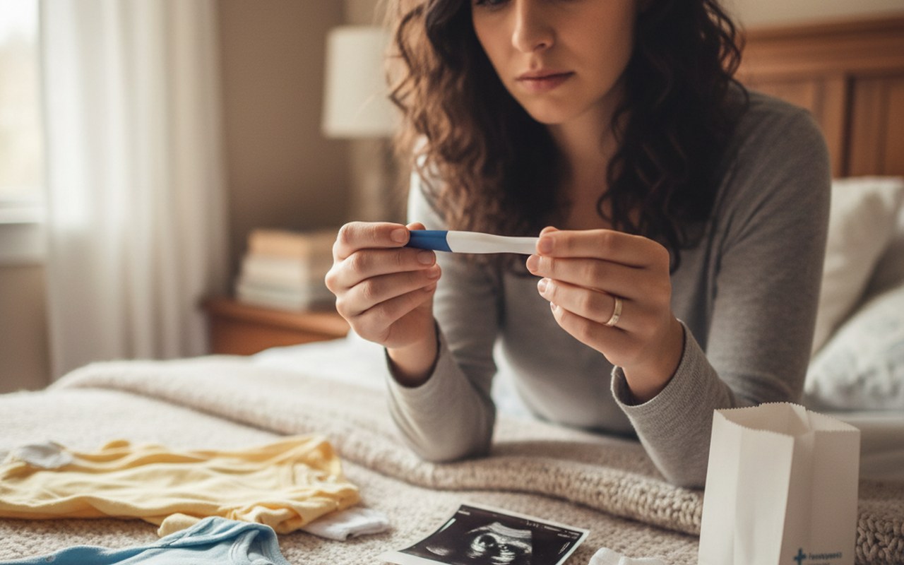 Femme regardant un test de grossesse avec incertitude, symboles de maternité autour.