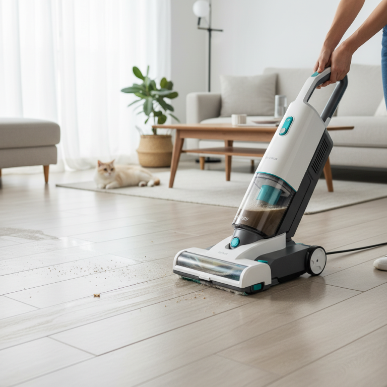 Illustration réaliste sur Aspirateur laveur : le nettoyage 2-en-1 qui simplifie l’entretien des sols