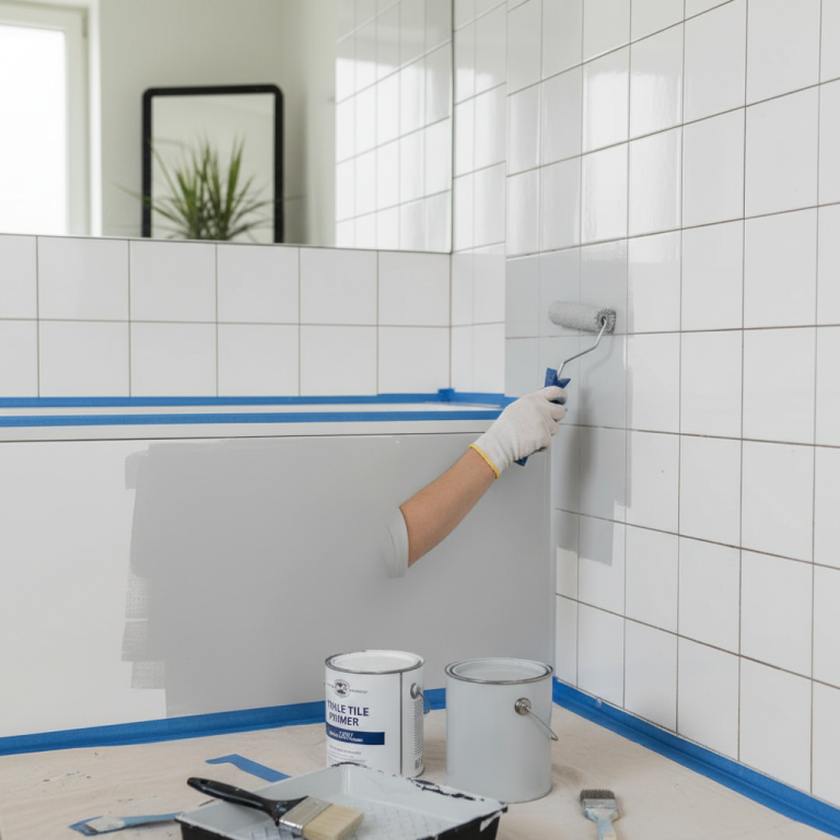 Illustration réaliste sur Rénover sa salle de bain à moindre coût grâce à la peinture sur carrelage